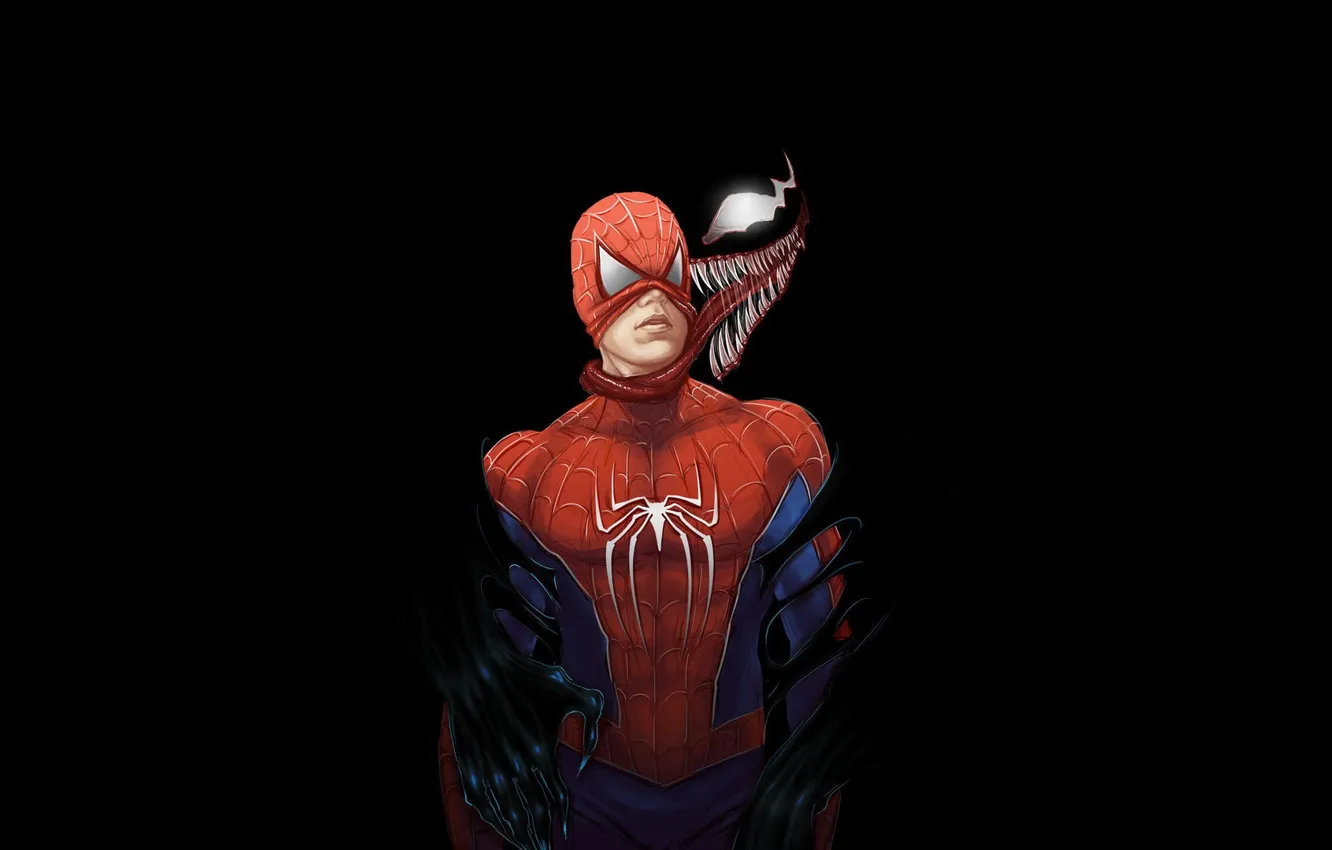 Фото обои язык, фон, арт, чёрный фон, Веном, Venom, Человек Паук, снимает маску