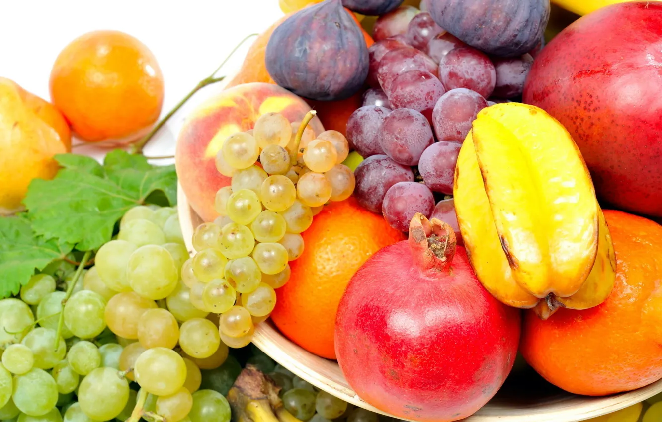 Фото обои апельсин, виноград, груша, фрукты, гранат, инжир