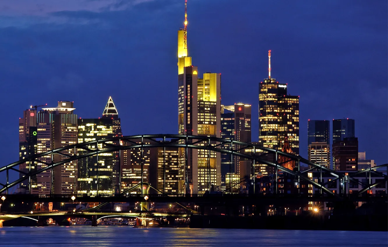 Фото обои мост, река, небоскребы, вечер, Германия, подсветка, мегаполис, Germany