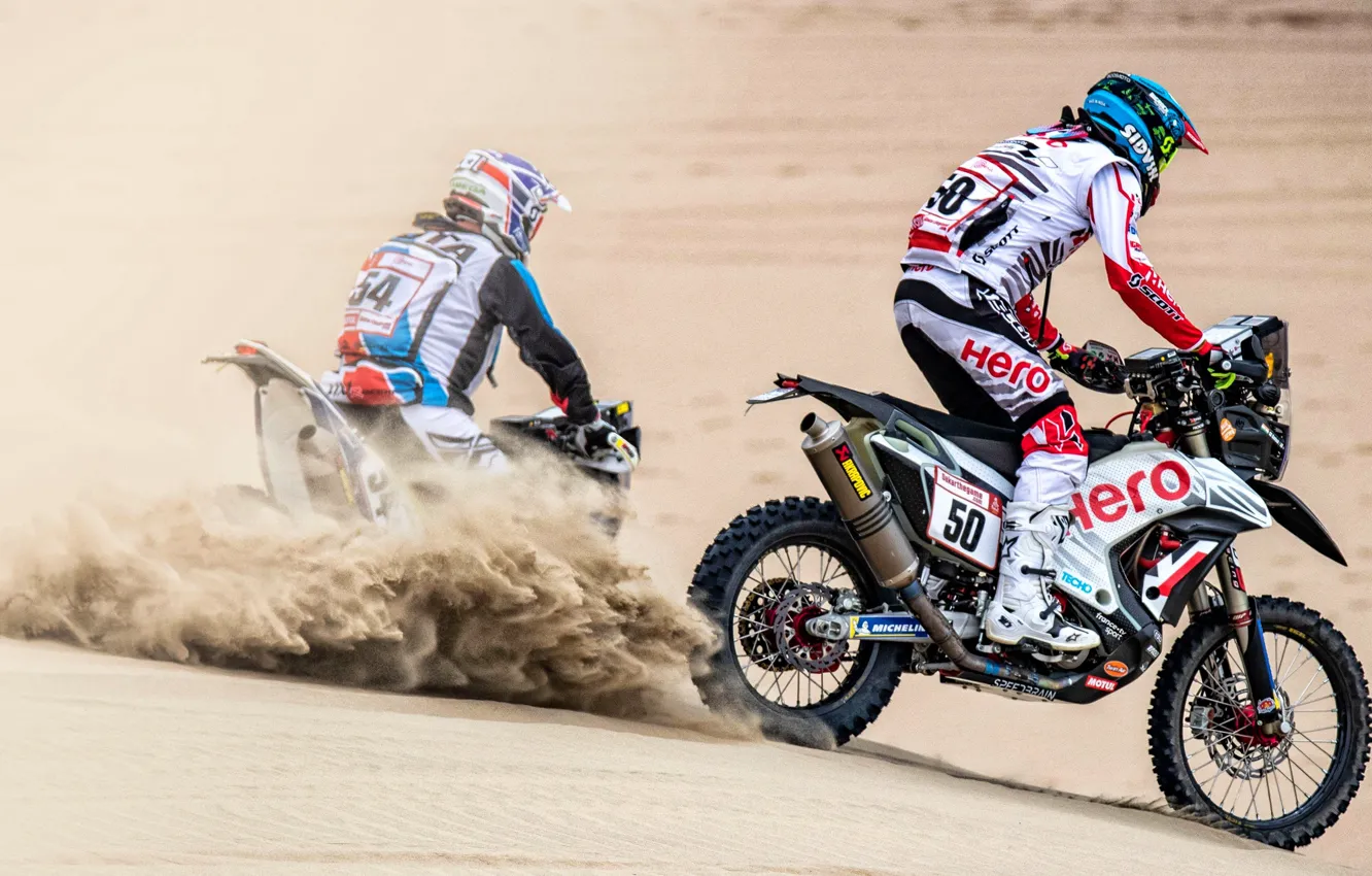 Фото обои Песок, Пыль, Спорт, Пустыня, Гонка, Мотоцикл, Rally, Dakar