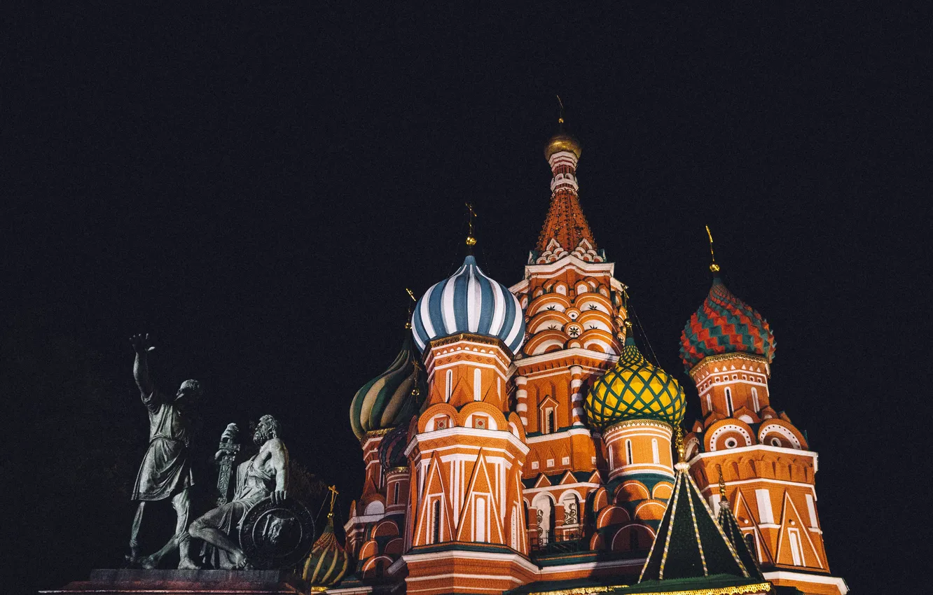 Фото обои ночь, Храм Василия Блаженного, Россия, Красная площадь, Моска