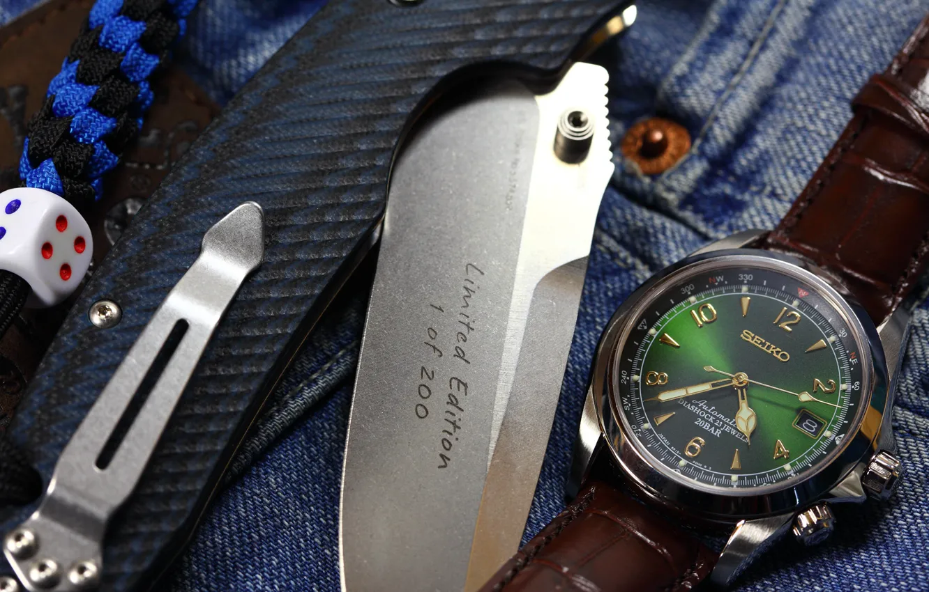 Фото обои часы, нож, складной, игральная кость
