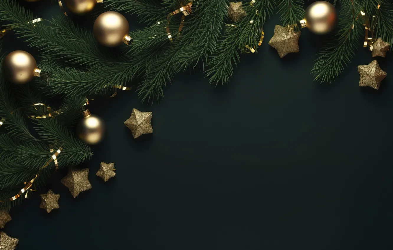Фото обои украшения, темный фон, шары, Новый Год, Рождество, golden, new year, happy