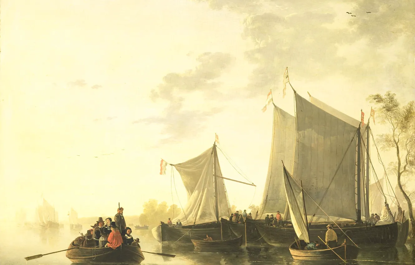 Фото обои пейзаж, лодка, картина, парус, Албертус Брондгест, Вид Реки