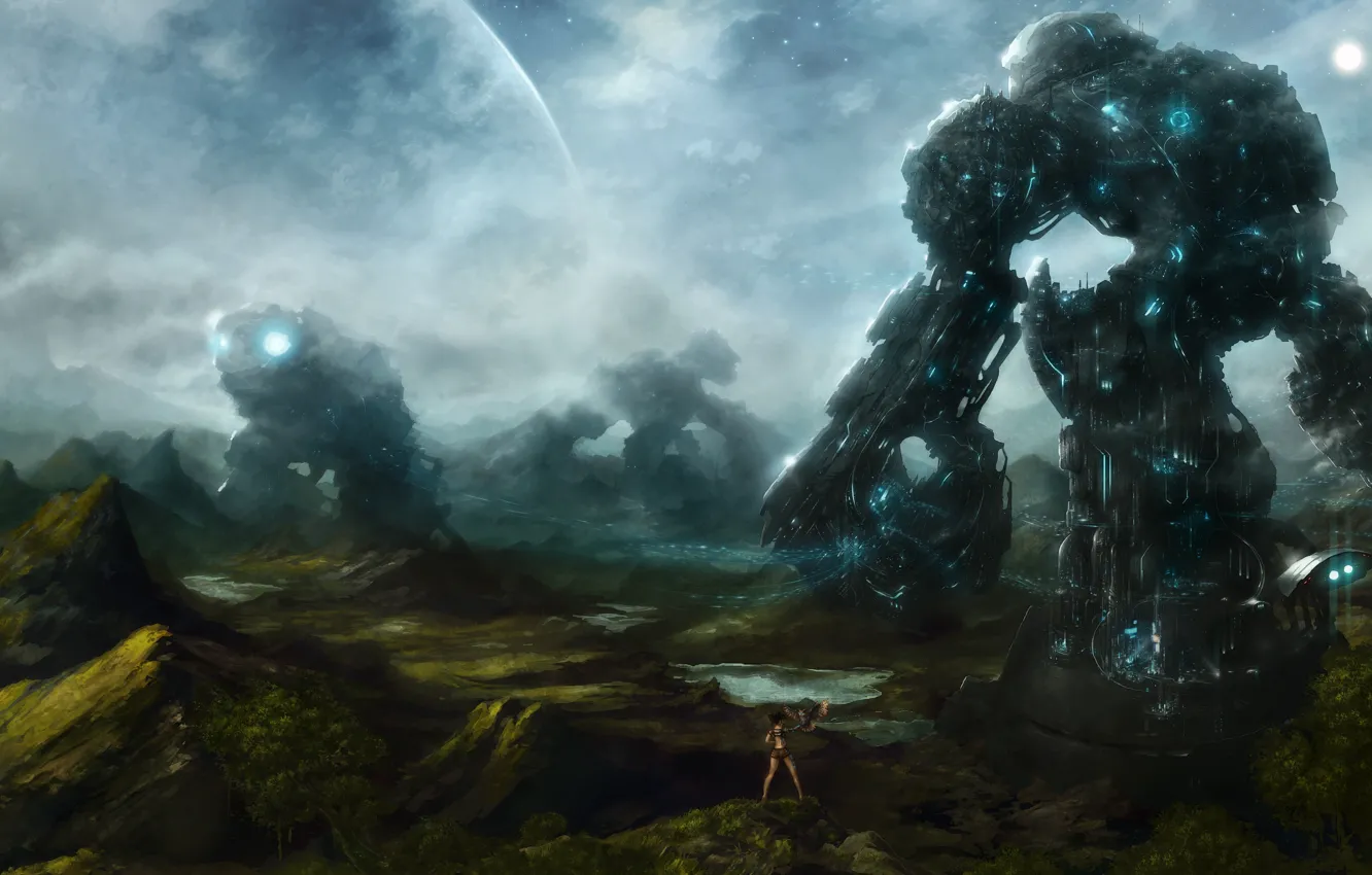 Фото обои туман, камни, встреча, планета, роботы, диалог, свет звезд, фантастичекий арт