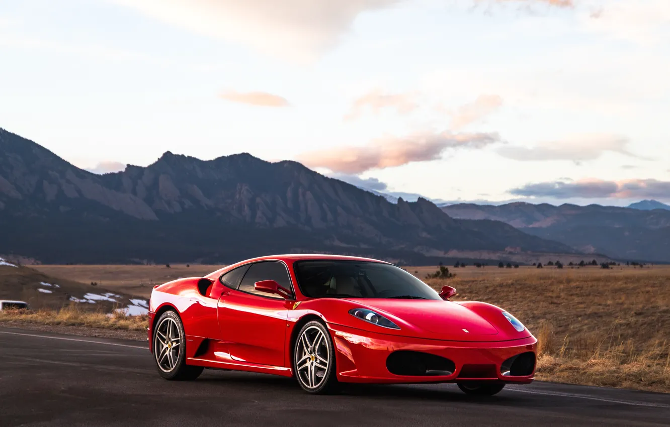 Фото обои горы, красный, суперкар, Ferrari F430, спорткар
