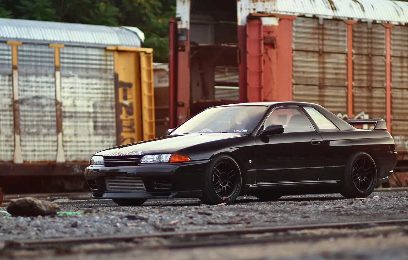 Фото обои черный, GT-R, black, R32, ниссан, tuning, Nissan Skyline, скайлайн