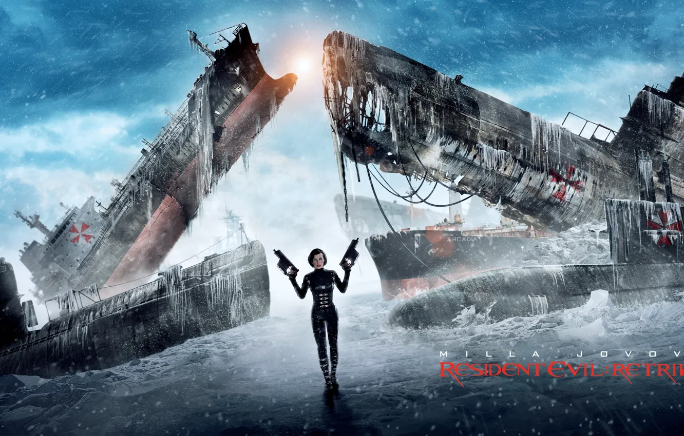 Фото обои зима, девушка, снег, оружие, корабли, Обитель зла, Resident Evil, Милла Йовович