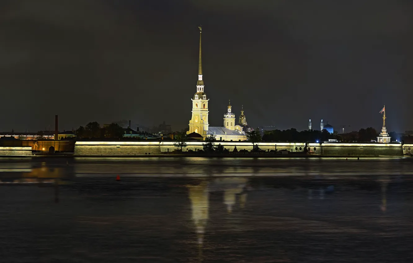Фото обои ночь, крепость, Нева, Санк-Петербург, Петропавловка, Петропавловская