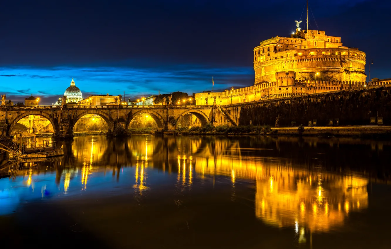 Фото обои ночь, мост, огни, река, Рим, фонари, Италия, крепость