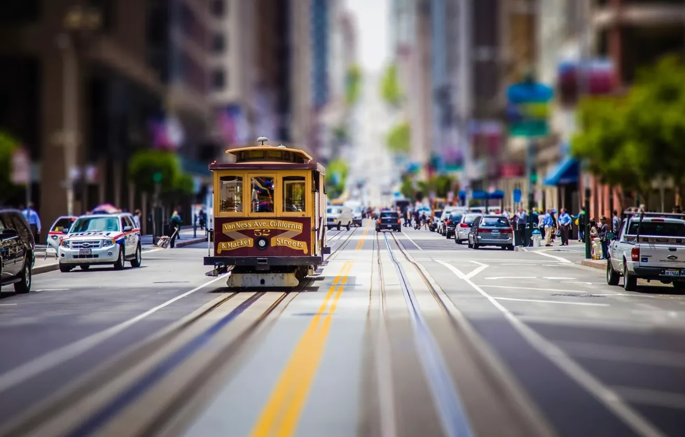 Фото обои улица, трамвай, tilt shift, San Francisco, usa