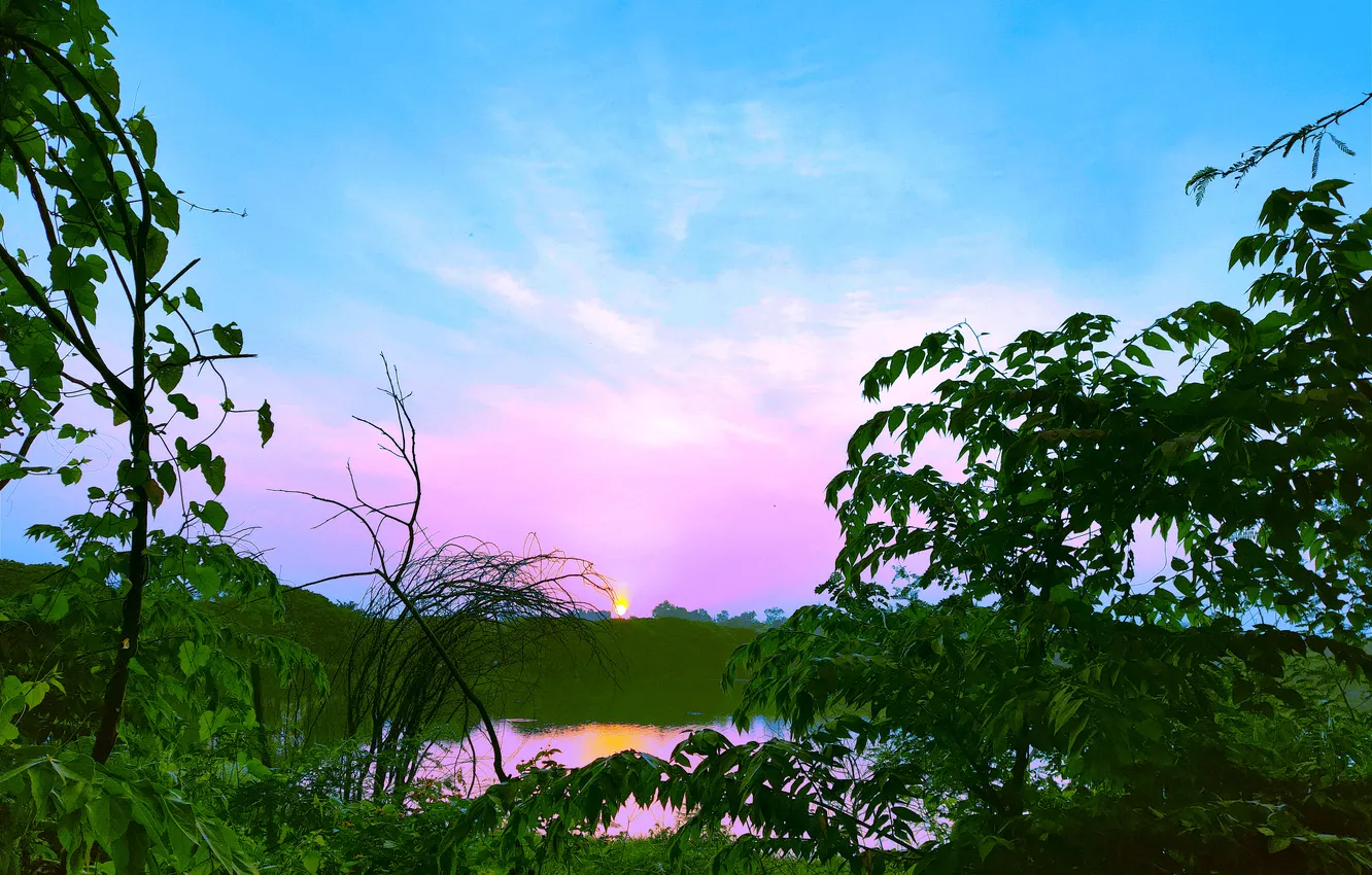 Фото обои Sky, Sun, Water, Sunrise, Dawn, Morning, Lake, Trees