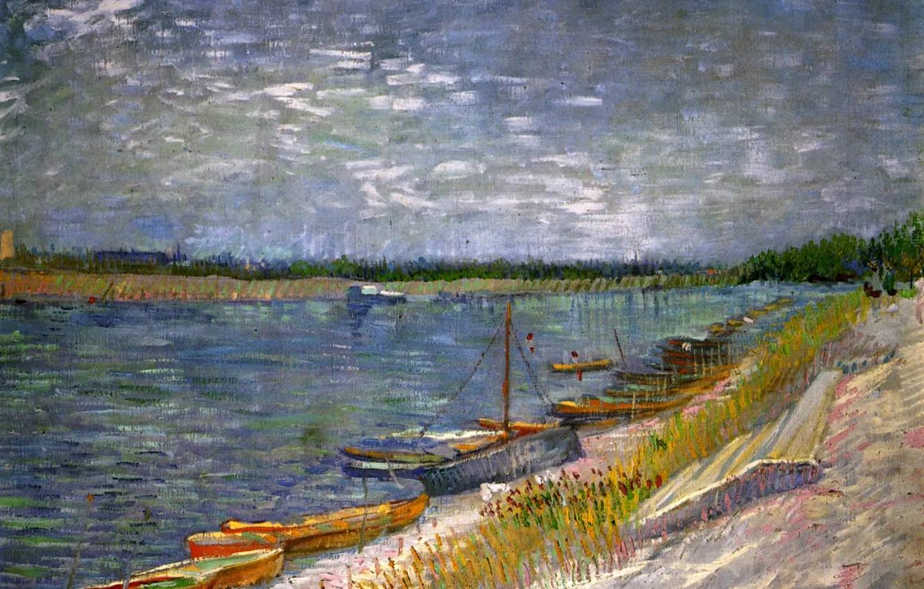 Фото обои река, лодки, Винсент ван Гог, with Rowing Boats, View of a River
