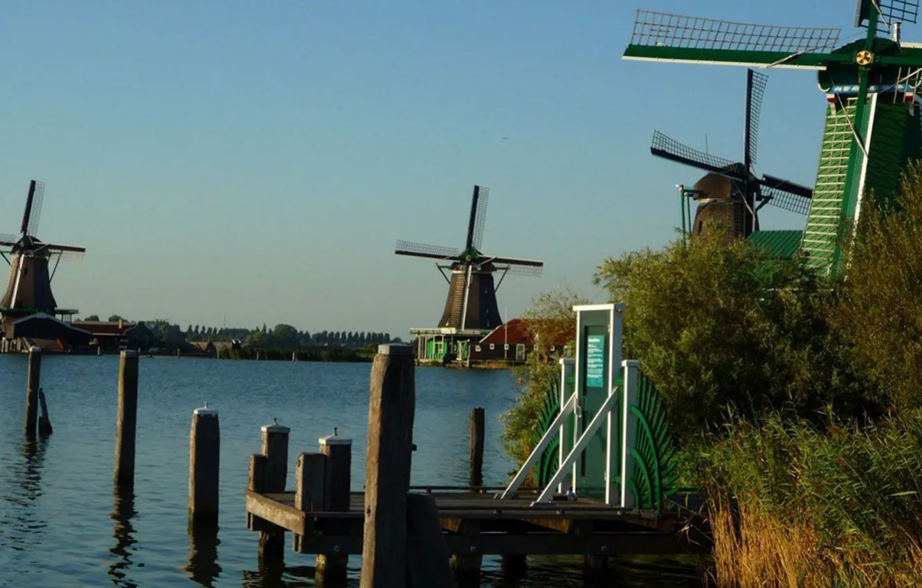 Фото обои windmills, the netherlands, koog aan de zaan