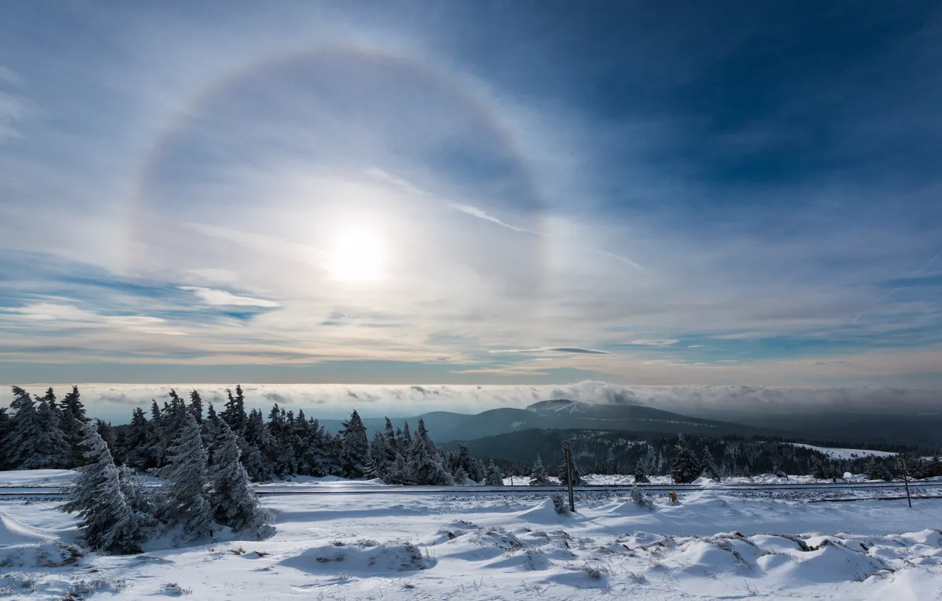 Фото обои зима, небо, снег, сияние, нимб, Гало