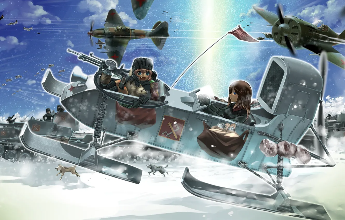 Фото обои собаки, снег, девушки, арт, самолеты, танки, girls und panzer, военная кампания