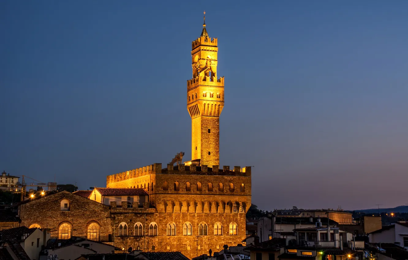 Фото обои небо, ночь, огни, башня, Италия, Флоренция, Палаццо Веккьо