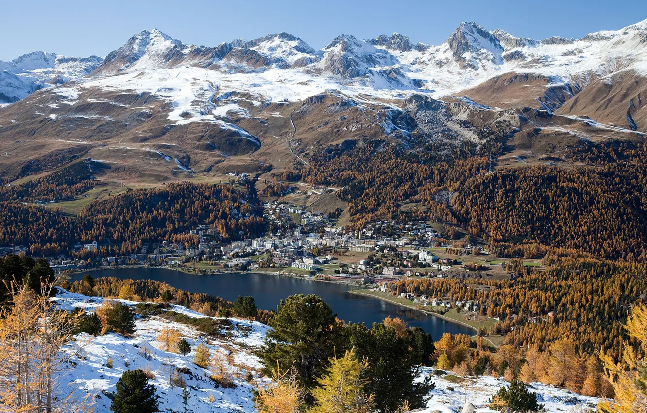 Фото обои осень, лес, небо, облака, снег, горы, Швейцария, Санкт-Мориц