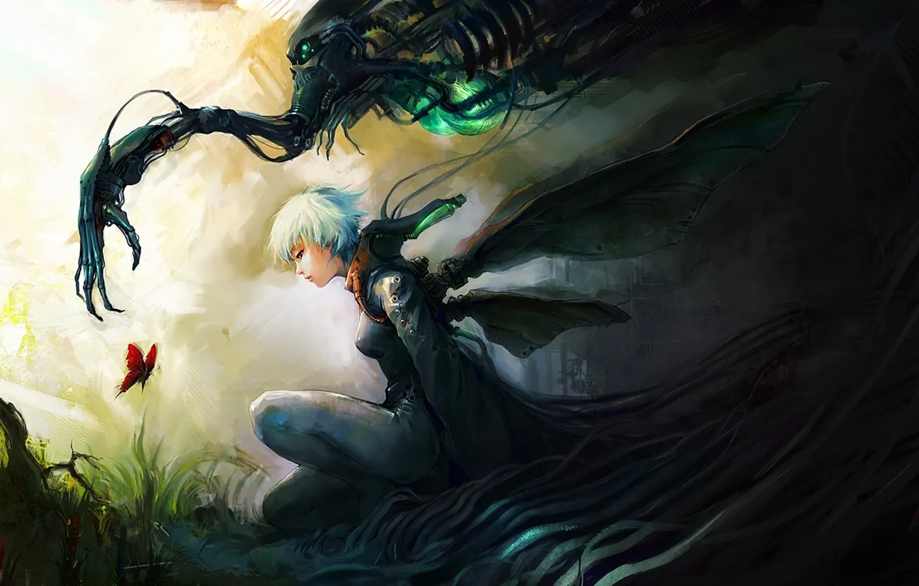 Фото обои девушка, бабочка, рисунок, механизм, арт