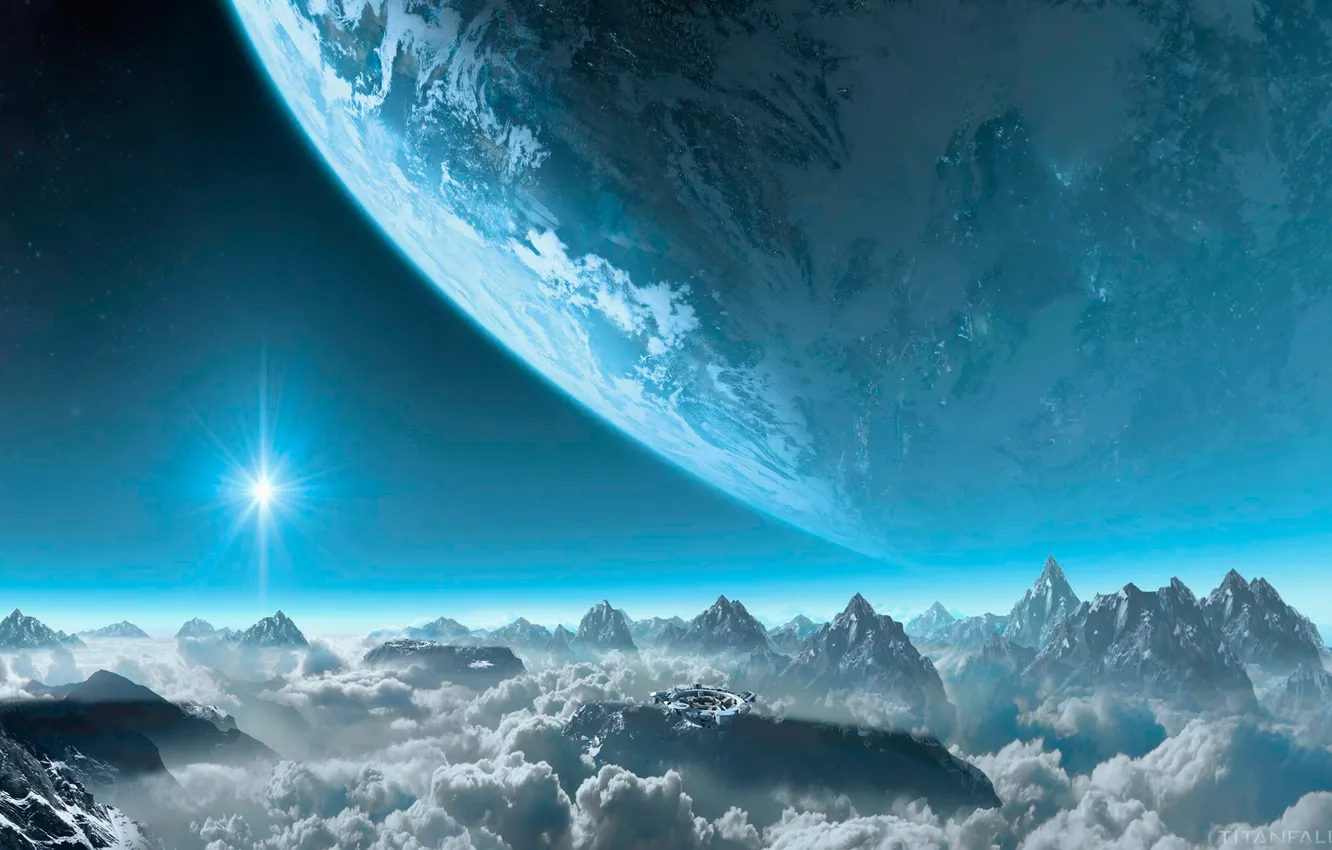 Фото обои облака, пейзаж, горы, звезда, планета, сооружение, Titanfall