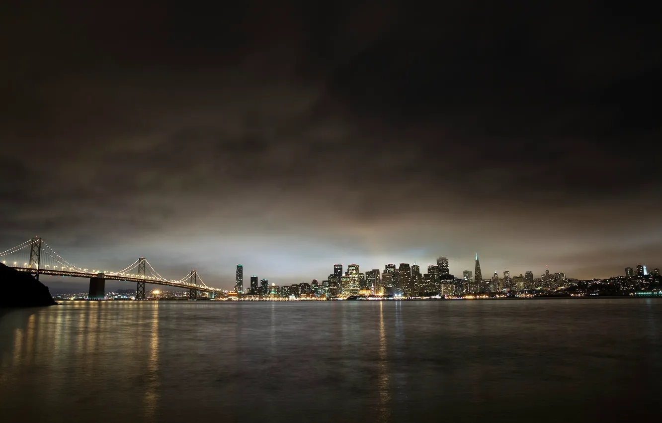 Фото обои city, lights, bridge, night, lake