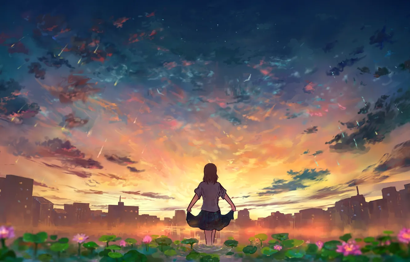 Фото обои девушка, закат, цветы, город, пруд, звездопад