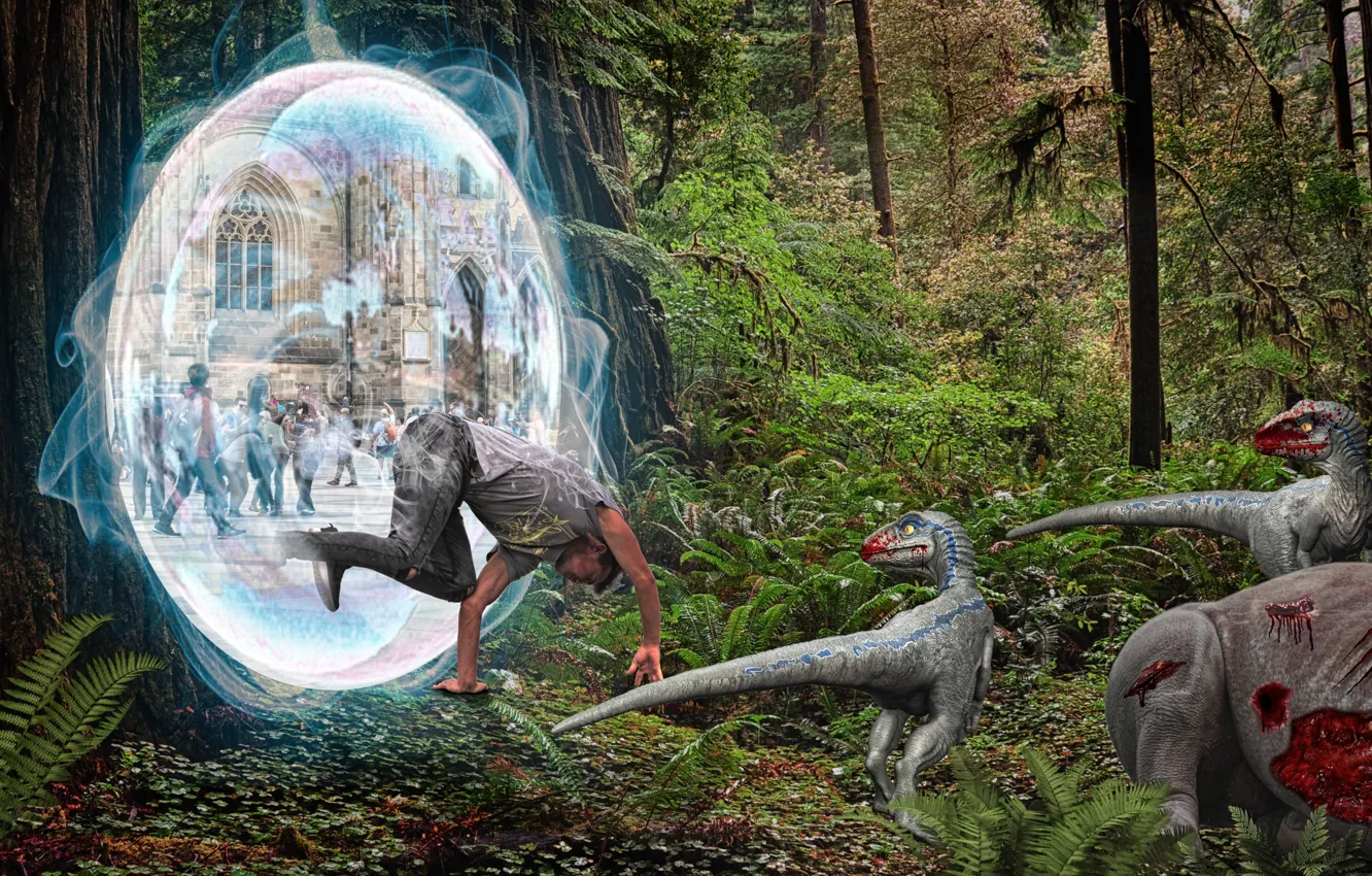 Фото обои Лес, Мужчина, Forest, Dinosaurs, Динозавры, Lock, Фотомонтаж, Портал времени
