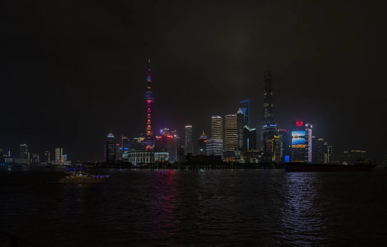 Фото обои город, огни, Shanghai, небоскребы ночь