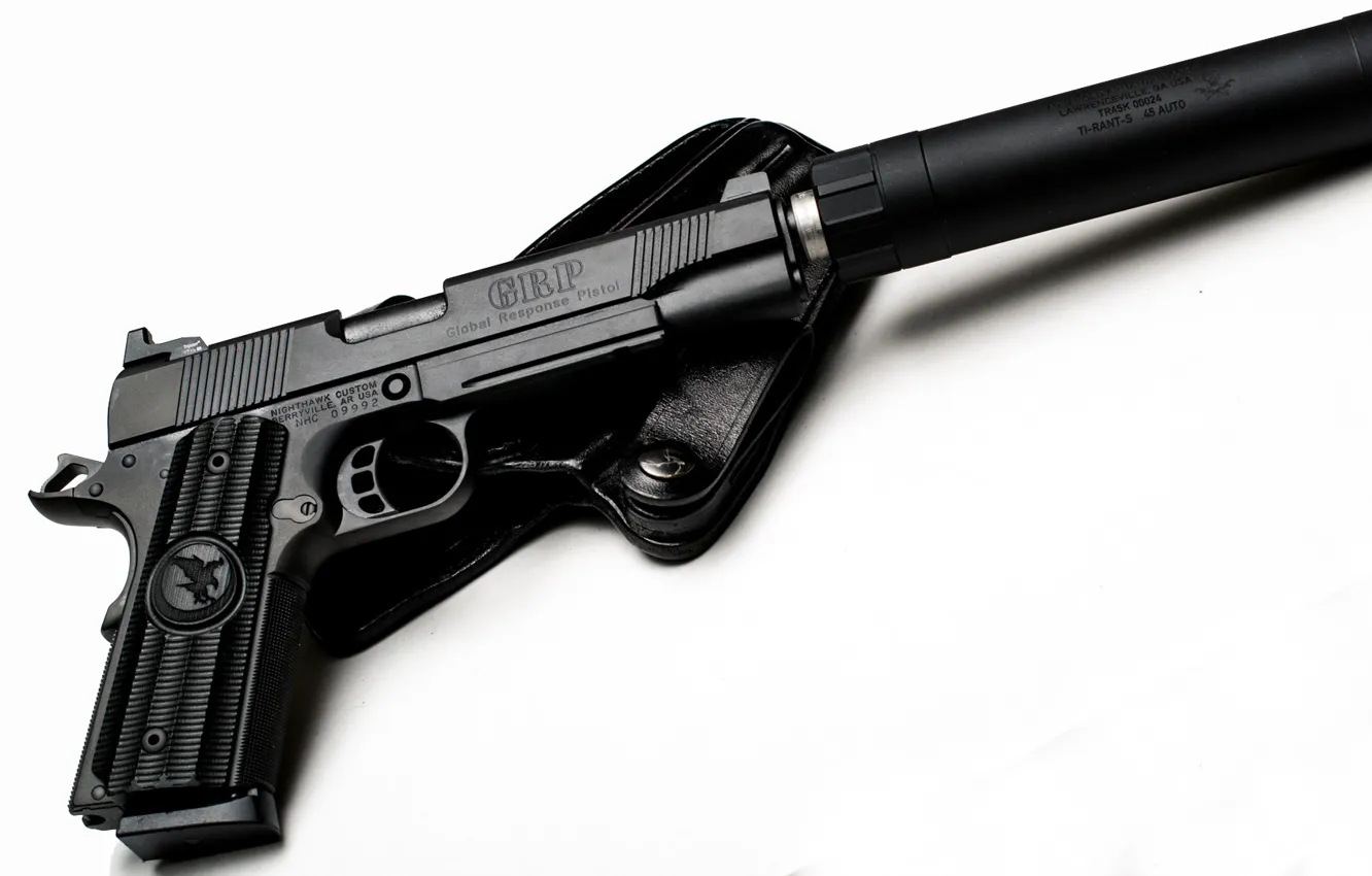 Фото обои пистолет, белый фон, кобура, глушитель, Nighthawk Custom, Global Response Pistol, GRP