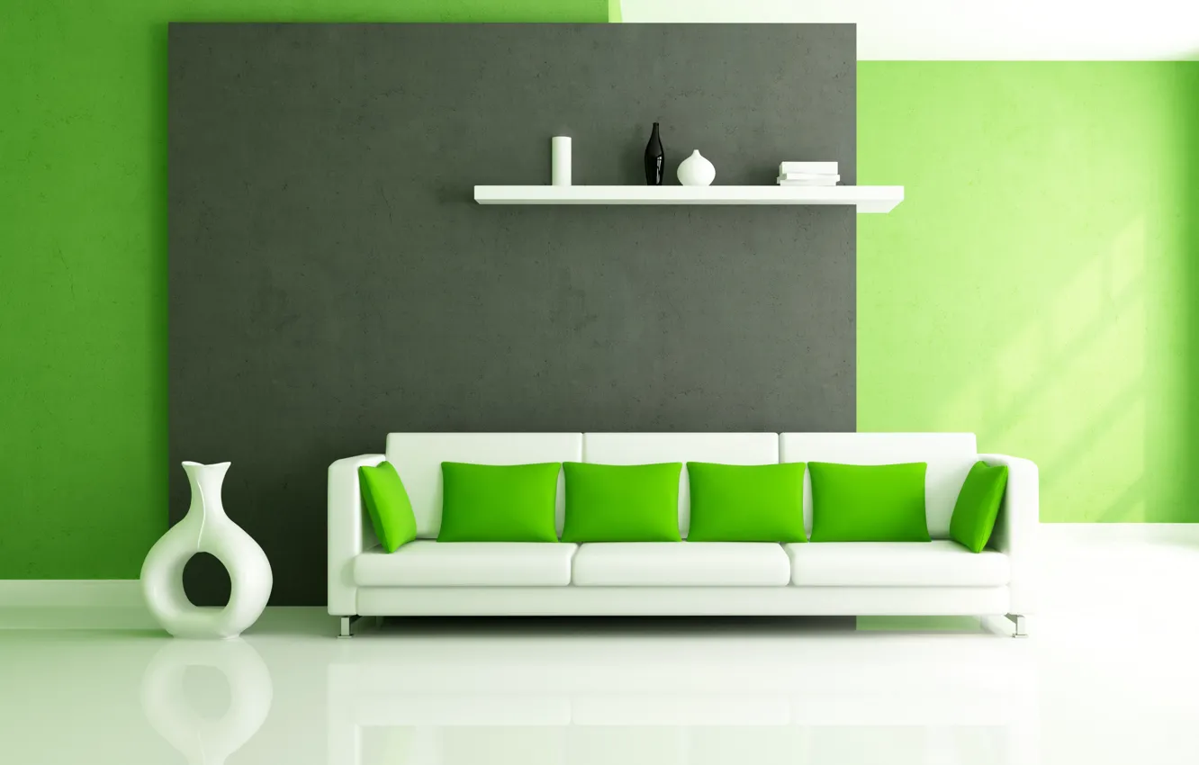 Фото обои белый, дизайн, зеленый, стиль, диван, интерьер, подушки, полка