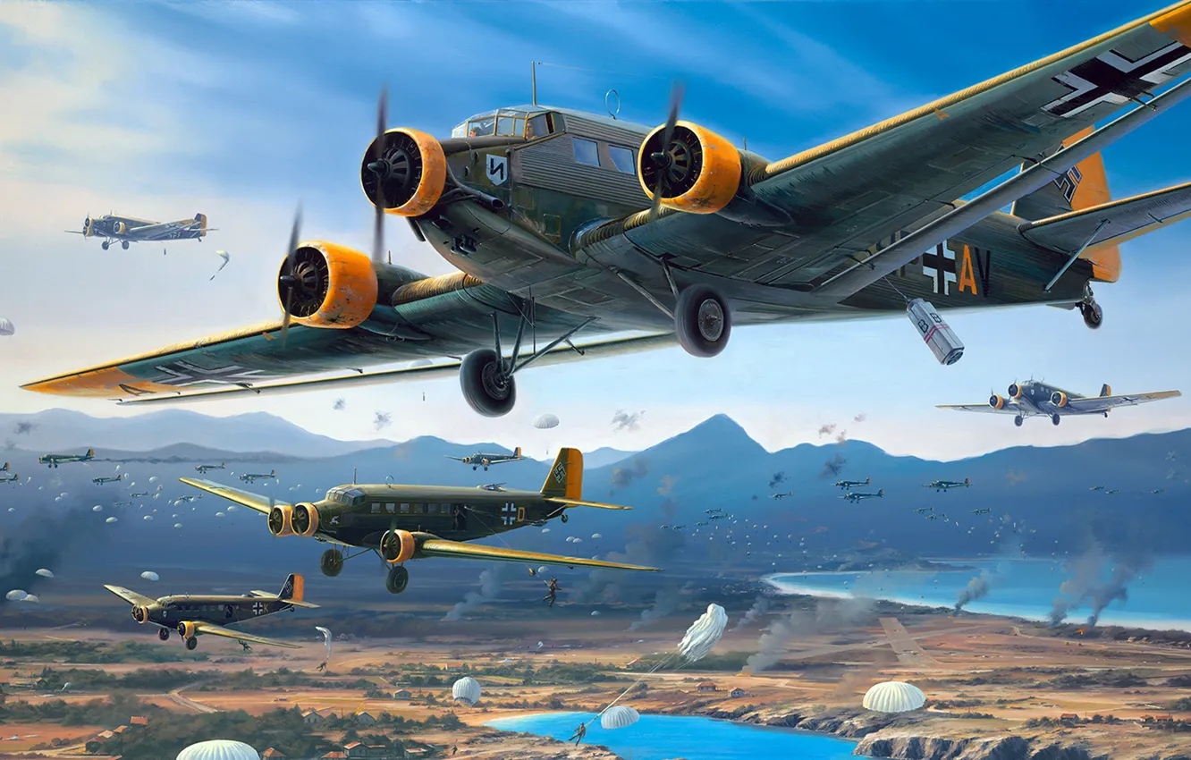 Фото обои Junkers, военно-транспортный самолёт, трёхмоторный, Ju 52, Критская операция, операция «Меркурий», Unternehmen Merkur, Высадка немецких парашютистов …