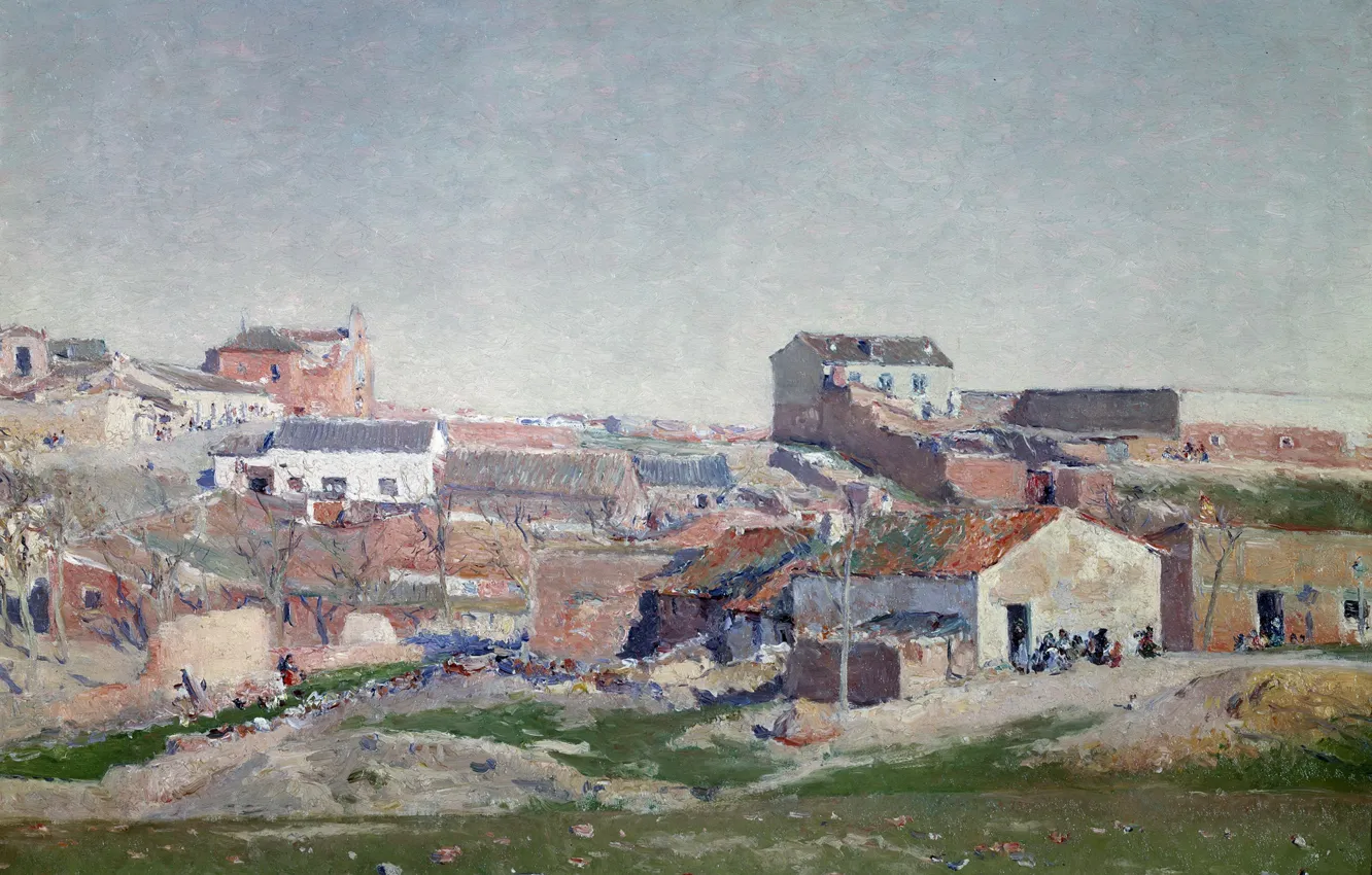 Фото обои город, холмы, дома, картина, городской пейзаж, Aureliano de Beruete y Moret, Вид Городского Квартала