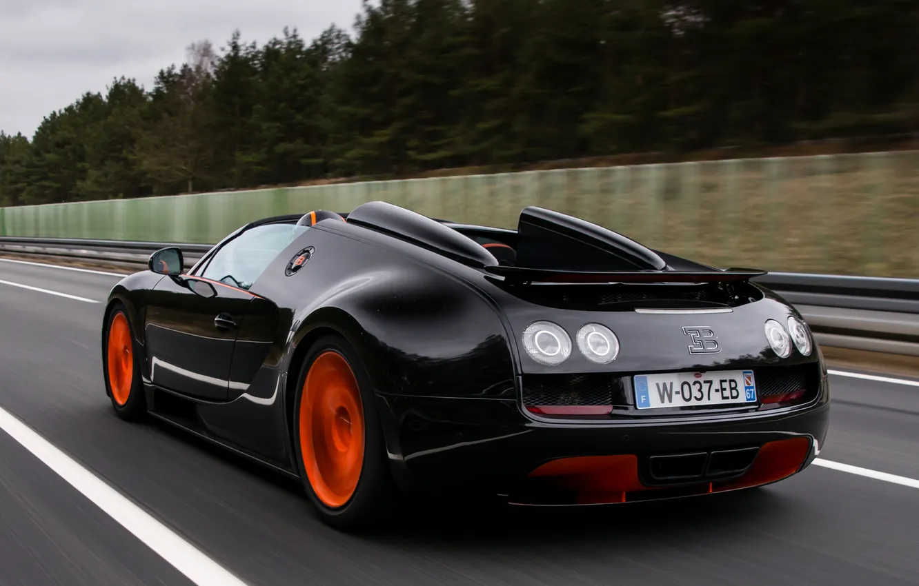 Фото обои авто, черный, Roadster, Bugatti, Veyron, суперкар, вид сзади, Grand Sport