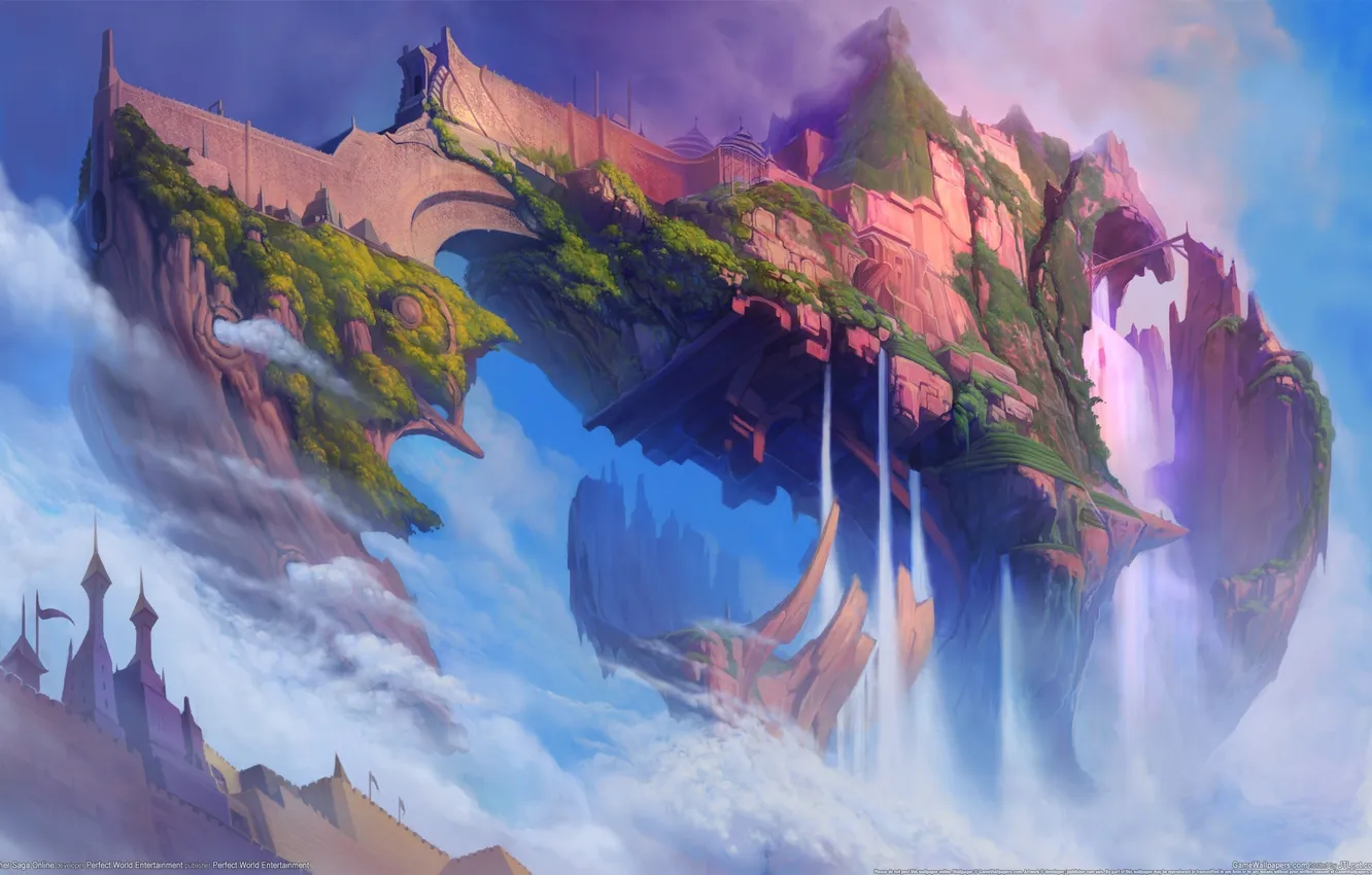 Фото обои замок, скалы, остров, воздушный, водопады, Ether Saga Online