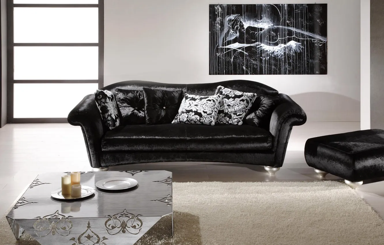 Фото обои диван, черный, интерьер, кресло, комната. квартира