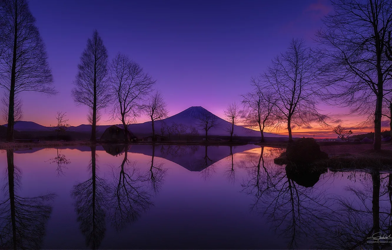 Фото обои небо, отражение, гора, Япония, Фудзи