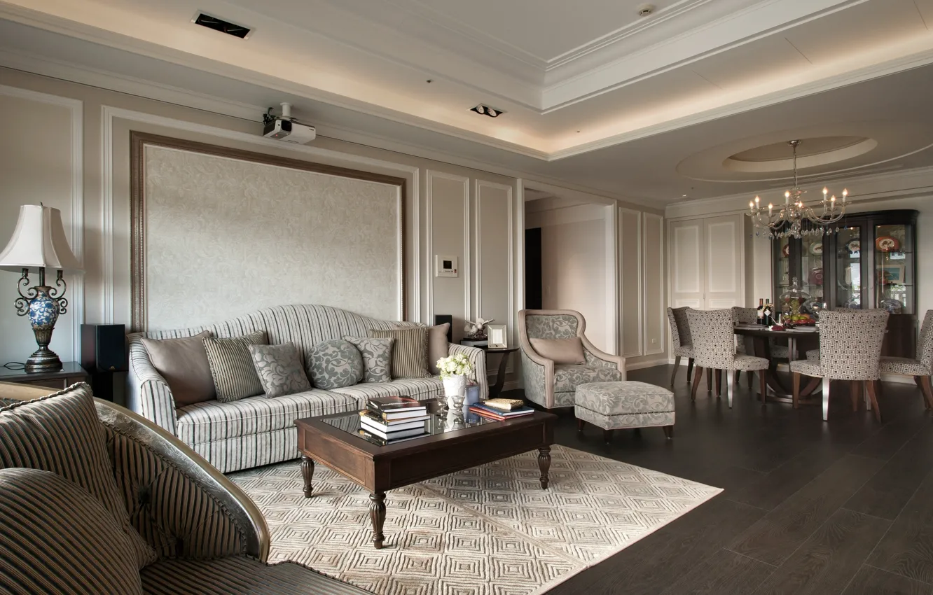 Фото обои дизайн, стиль, диван, книги, кресло, столик, гостиная, декор