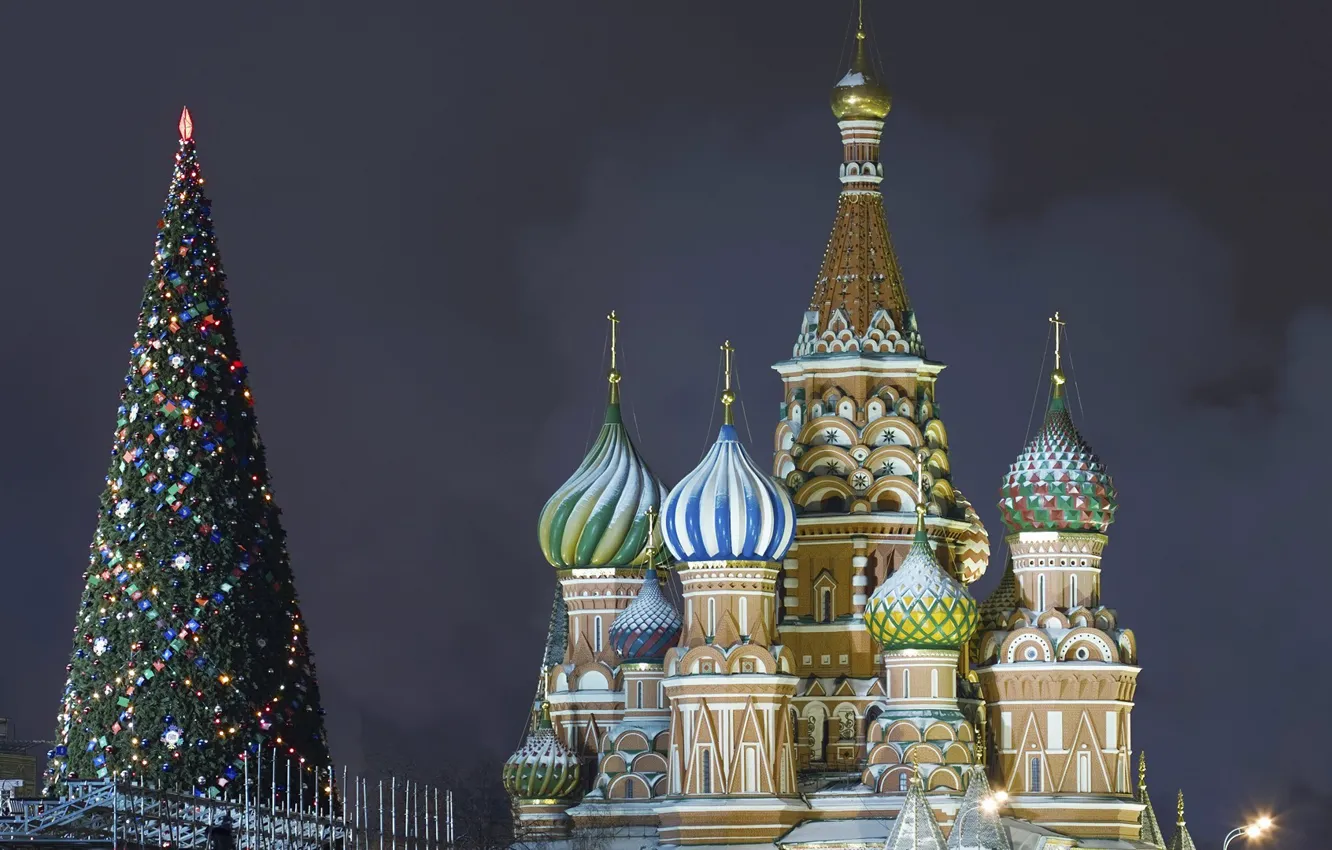 Фото обои елка, ель, Рождество, Москва, Новый год, Кремль, Собор Василия Блаженного, Красная площадь