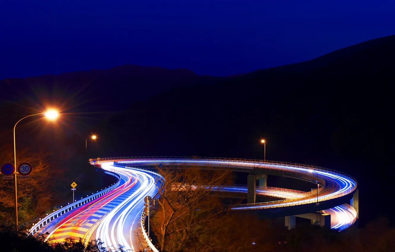 Фото обои ночь, мост, япония, фонари, Japan, Shizuoka