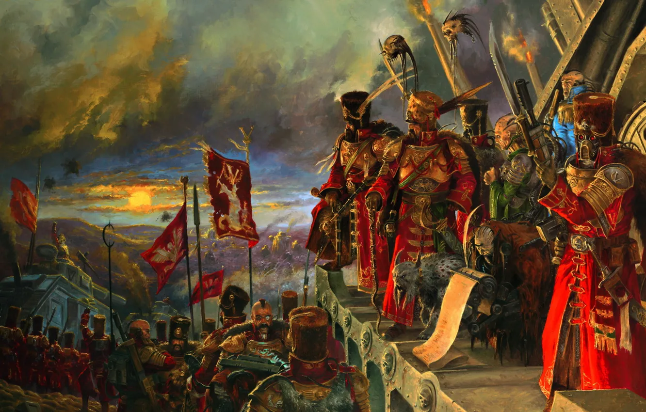 Фото обои небо, горизонт, бойцы, Warhammer 40k, войско, генералы, знамёна