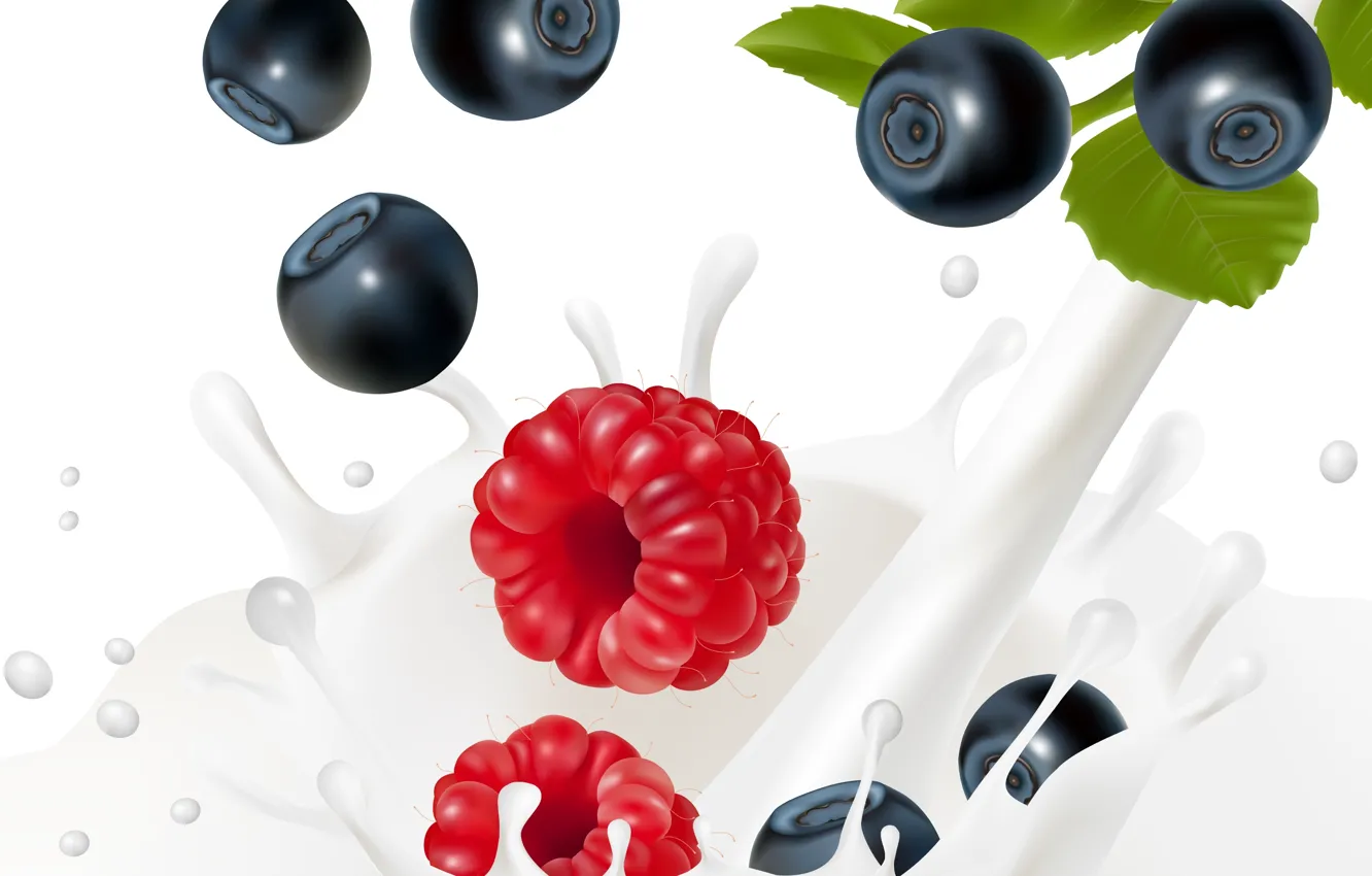 Фото обои брызги, ягоды, молоко, черника, листики, малинка