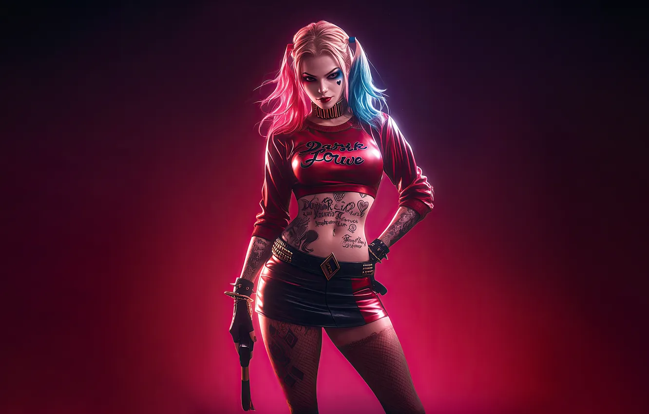 Фото обои Girl, Comics, DC Comics, Tattoo, Harley Quinn, Comics Art, AI Art, AI Generated