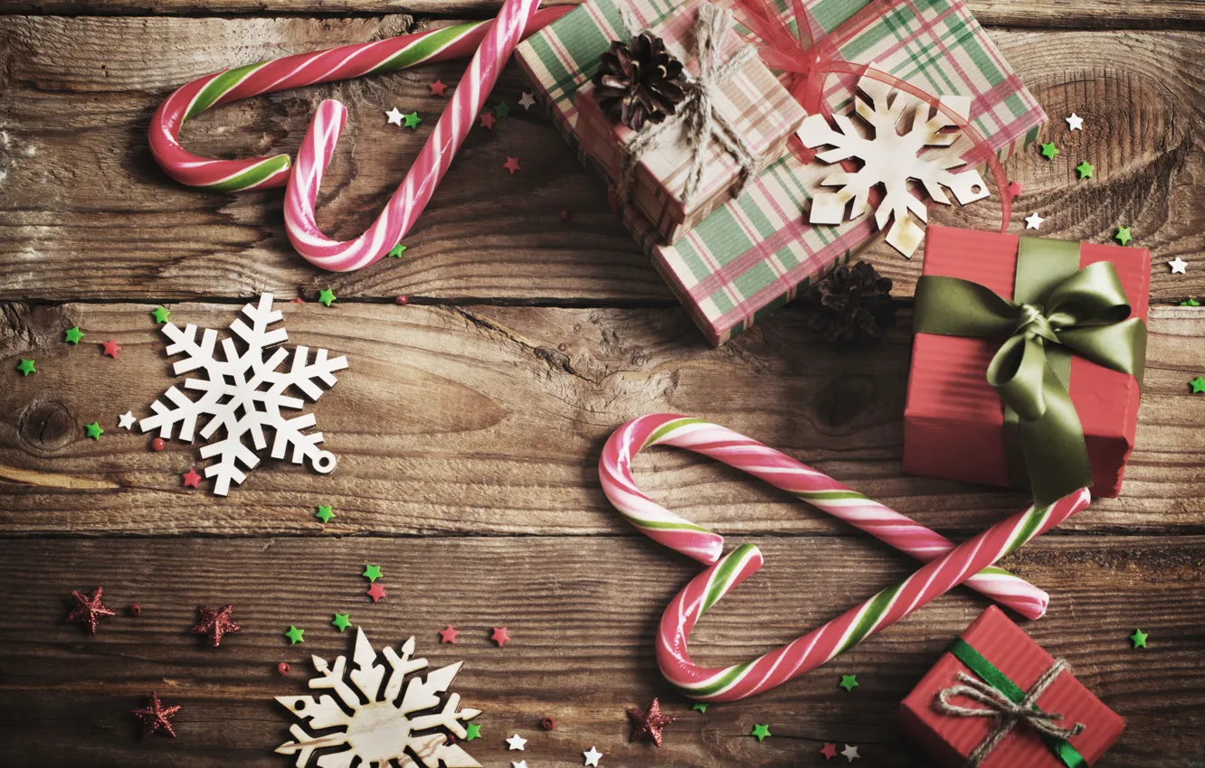 Фото обои снежинки, Новый Год, Рождество, подарки, леденцы, Christmas, wood, Merry Christmas