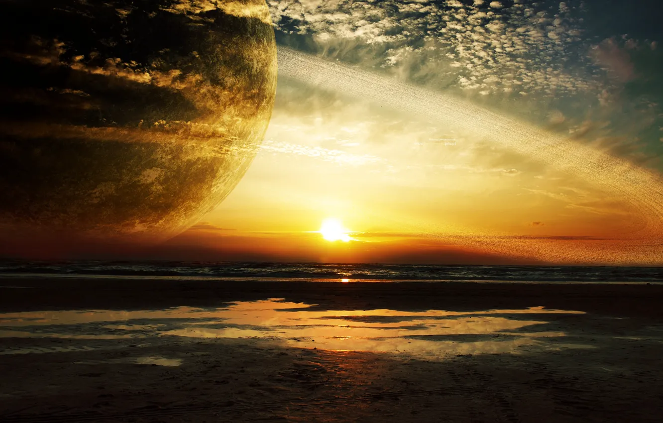 Фото обои море, закат, планета, кольца, гигант