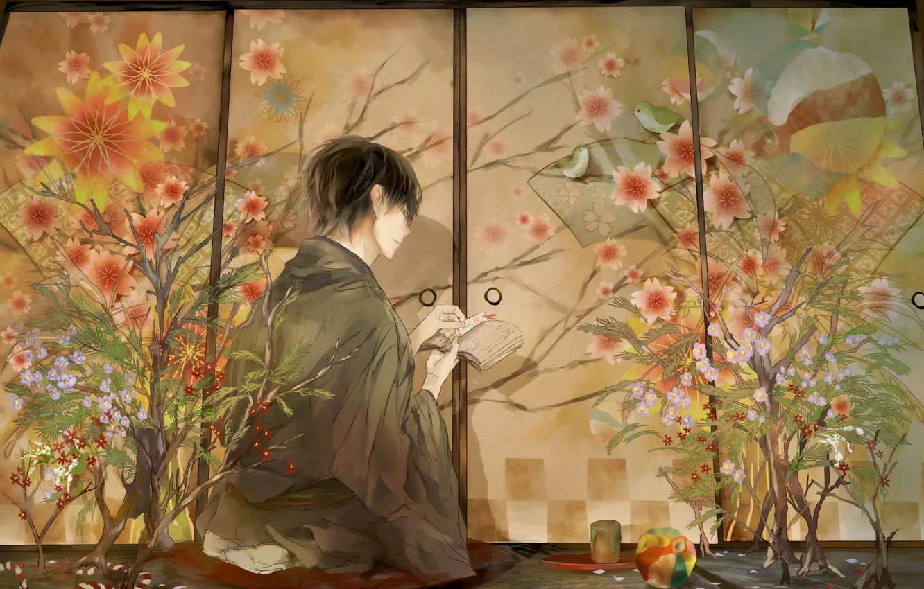 Фото обои мяч, ширма, парень, японская одежда, в комнате, в профиль, татами, цветочный узор