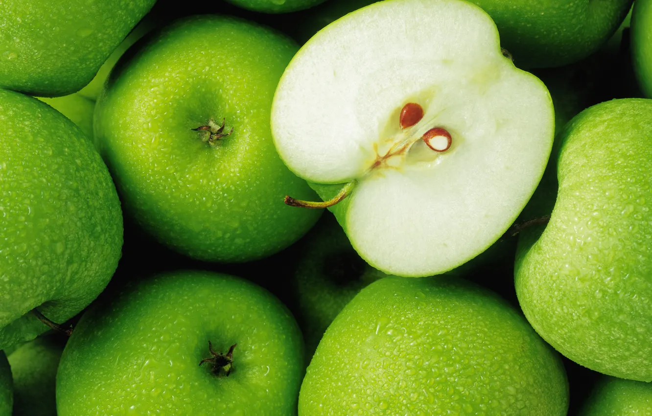 Фото обои капли, зеленый, яблоки, еда