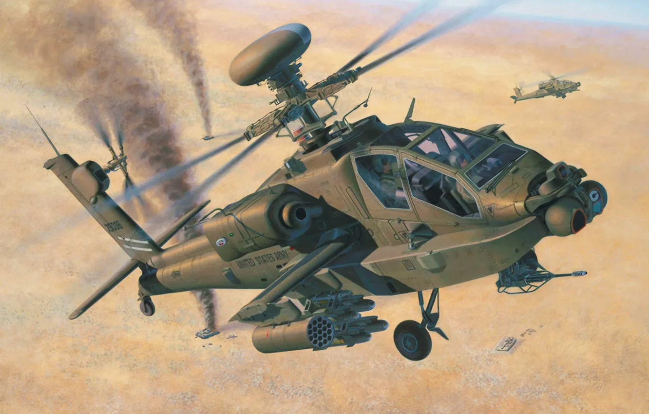 Фото обои war, art, airplane, helicopter, painting, AH-64D Longbow Apache