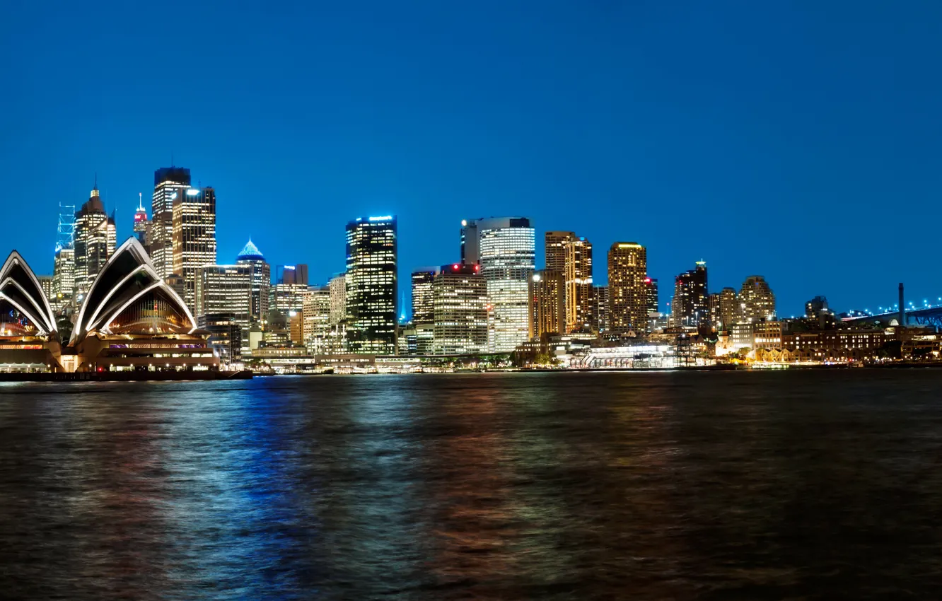 Фото обои ночь, огни, побережье, небоскребы, Австралия, Сидней