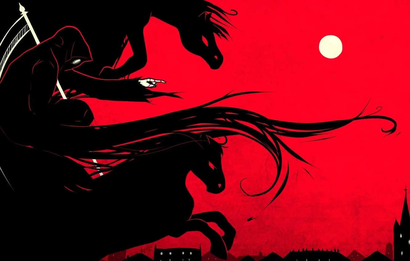 Фото обои город, смерть, луна, кони, арт, коса, охота, красный фон