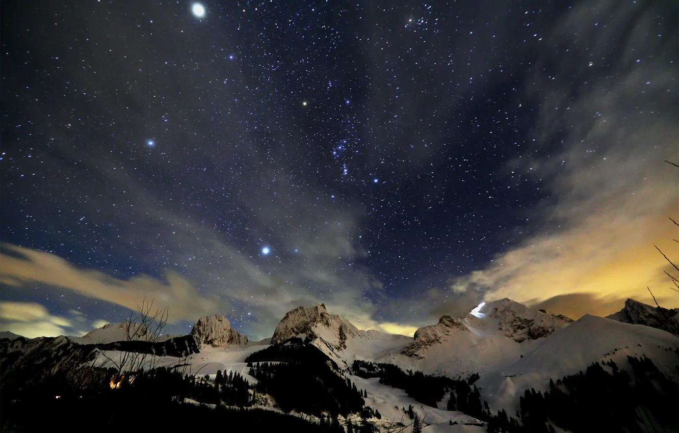 Фото обои небо, звезды, снег, пейзаж, скалы